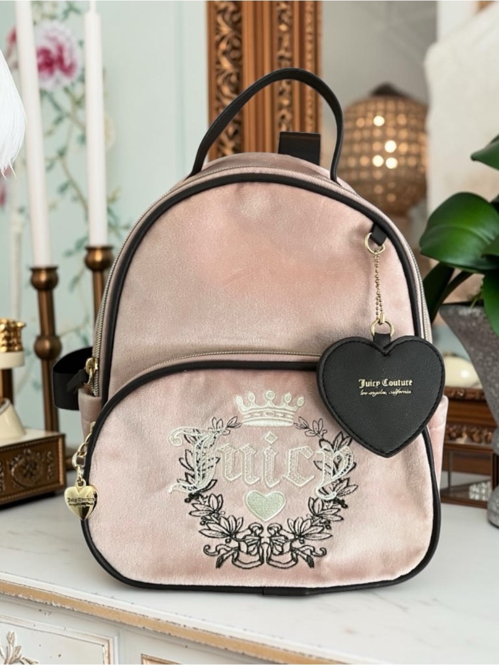NWOT JUICY COUTURE DUSTY PINK BLUSH HERITAGE VELOUR BACKPACK W CHOCOLATE TRIM